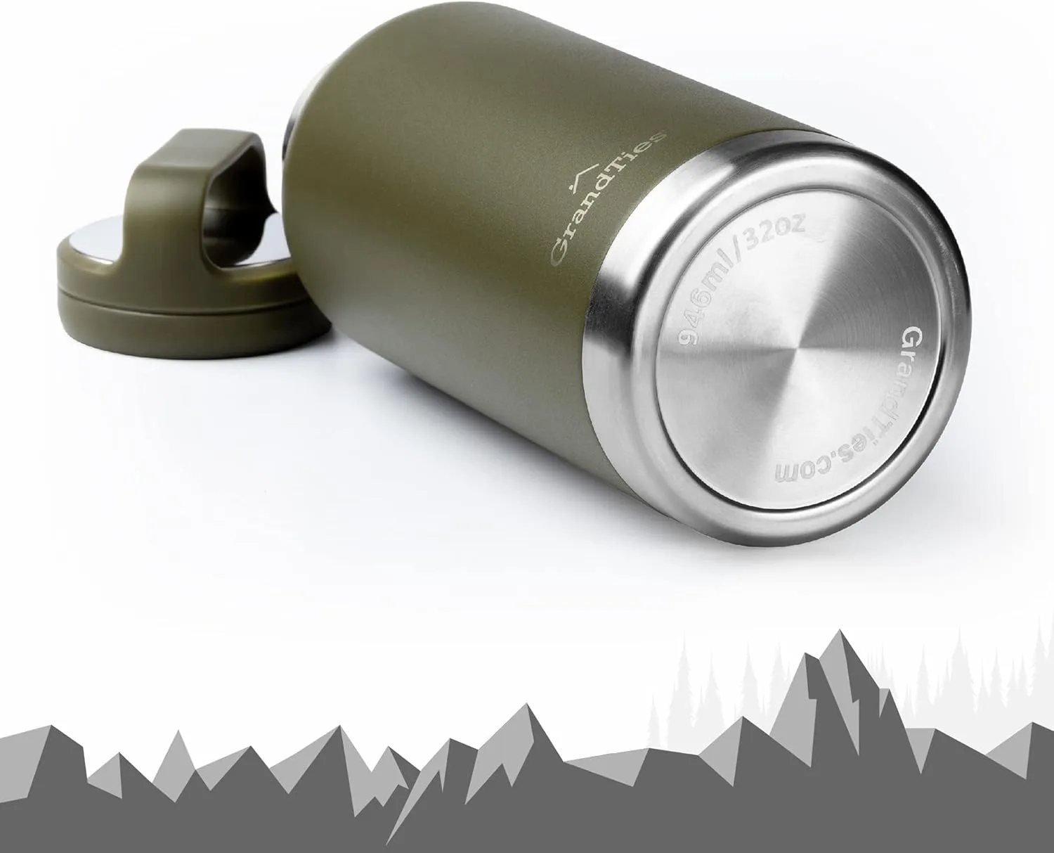 GRANDTIES 2 Lids Sports Stainless Steel Water Bottles – Wide Mouth Vacuum Insulated Reusable Leak Proof BPA-Free Travel Metal Canteen, Thermos Bottles for Men Women Gym (Olive Green 32 oz)