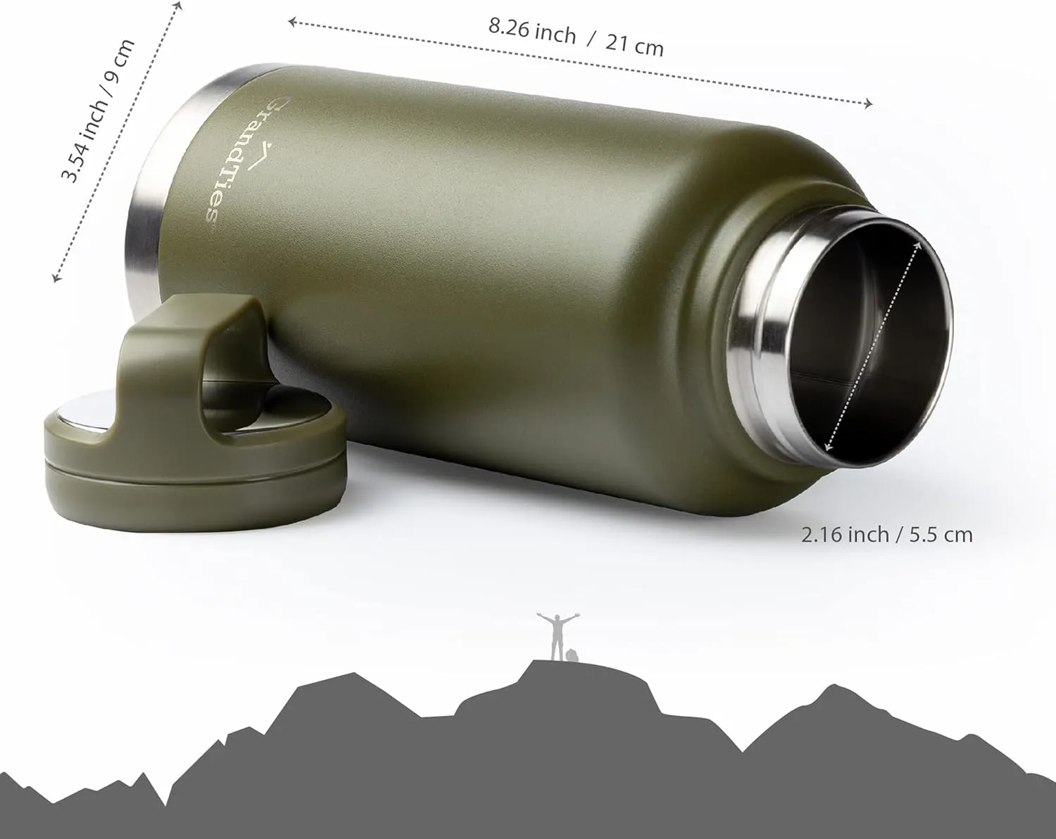 GRANDTIES 2 Lids Sports Stainless Steel Water Bottles – Wide Mouth Vacuum Insulated Reusable Leak Proof BPA-Free Travel Metal Canteen, Thermos Bottles for Men Women Gym (Olive Green 32 oz)