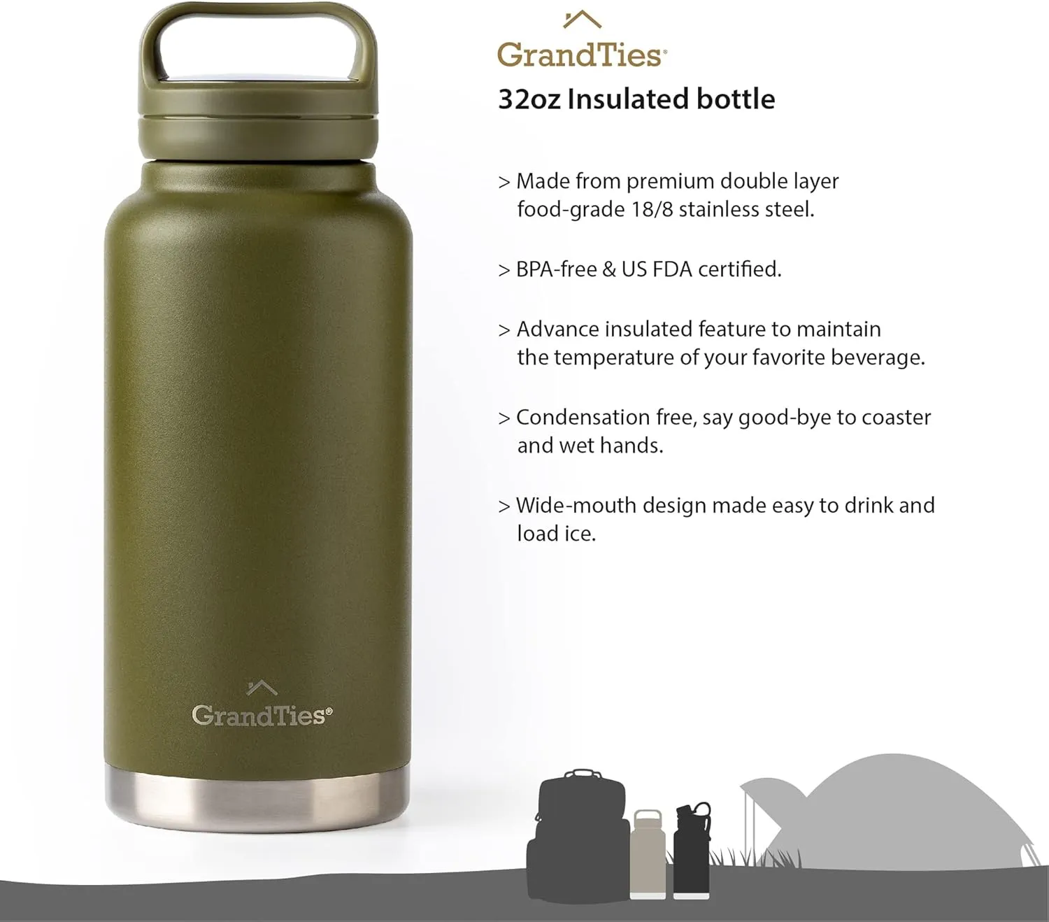 GRANDTIES 2 Lids Sports Stainless Steel Water Bottles – Wide Mouth Vacuum Insulated Reusable Leak Proof BPA-Free Travel Metal Canteen, Thermos Bottles for Men Women Gym (Olive Green 32 oz)
