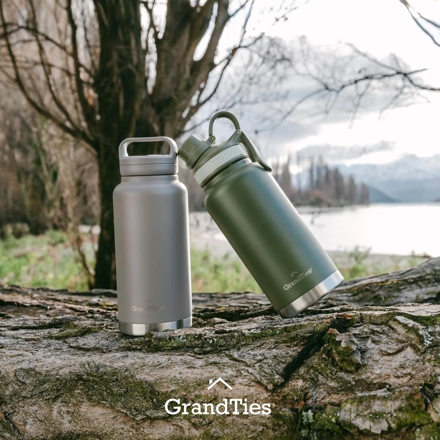 GRANDTIES 2 Lids Sports Stainless Steel Water Bottles – Wide Mouth Vacuum Insulated Reusable Leak Proof BPA-Free Travel Metal Canteen, Thermos Bottles for Men Women Gym (Olive Green 32 oz)