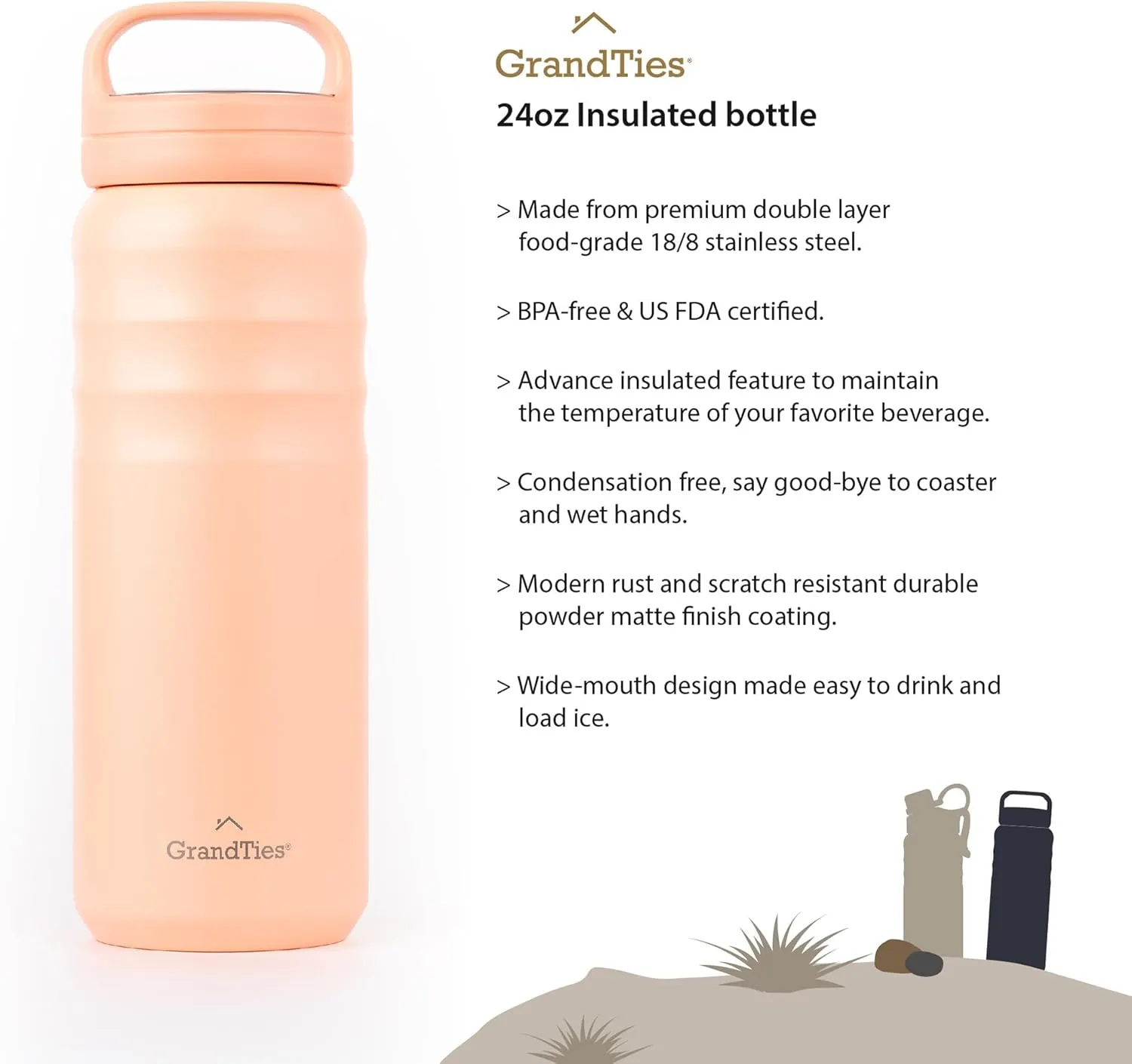GRANDTIES 2 Lids Sports Stainless Steel Water Bottles – Wide Mouth Vacuum Insulated Reusable Leak Proof BPA-Free Travel Metal Canteen, Thermos Bottles for Men Women Gym (Rose Salt 24 oz)