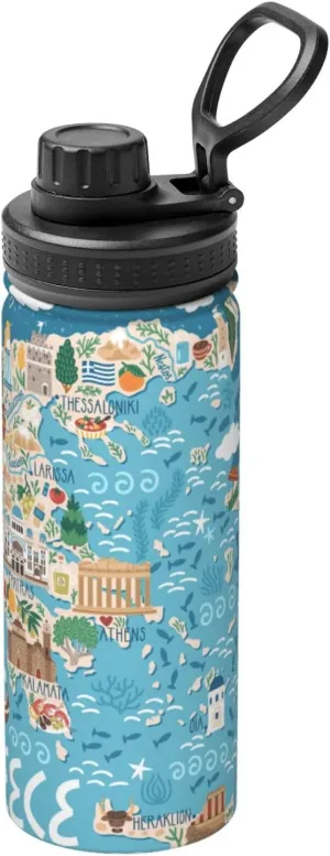 Greece Map Sports Insulated Water Bottle - Premium 18 oz. Stainless Steel Hydration Bottle for Outdoor Enthusiasts