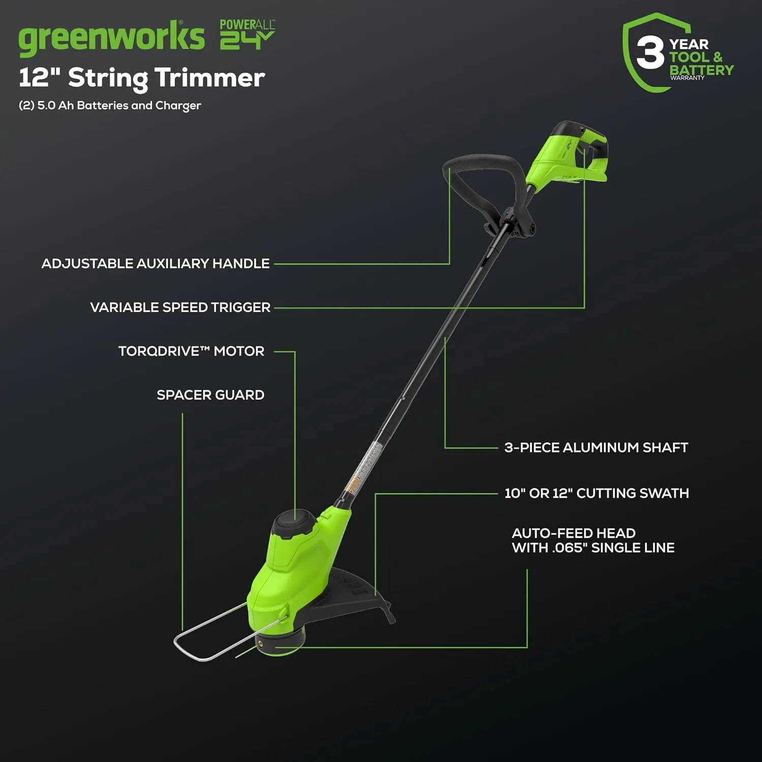 Greenworks 48V (2x24V) Electric Lawn Mower Combo Kit: 21" Self - Propelled Mower, 12" String Trimmer, 320 CFM Blower, and 1/2”Drill & 1/4”Hex Impact Driver, 5 Batteries & 3 Chargers, 3-Year Warranty