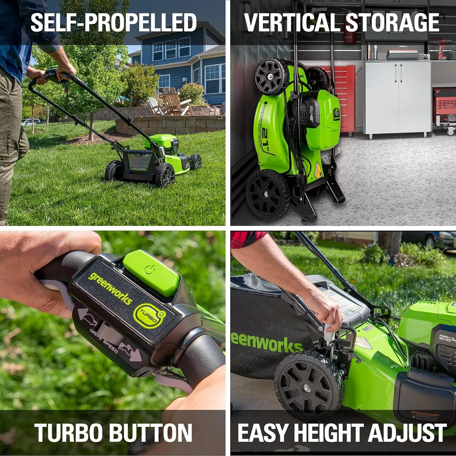 Greenworks 48V (2x24V) Electric Lawn Mower Combo Kit: 21" Self - Propelled Mower, 12" String Trimmer, 320 CFM Blower, and 1/2”Drill & 1/4”Hex Impact Driver, 5 Batteries & 3 Chargers, 3-Year Warranty