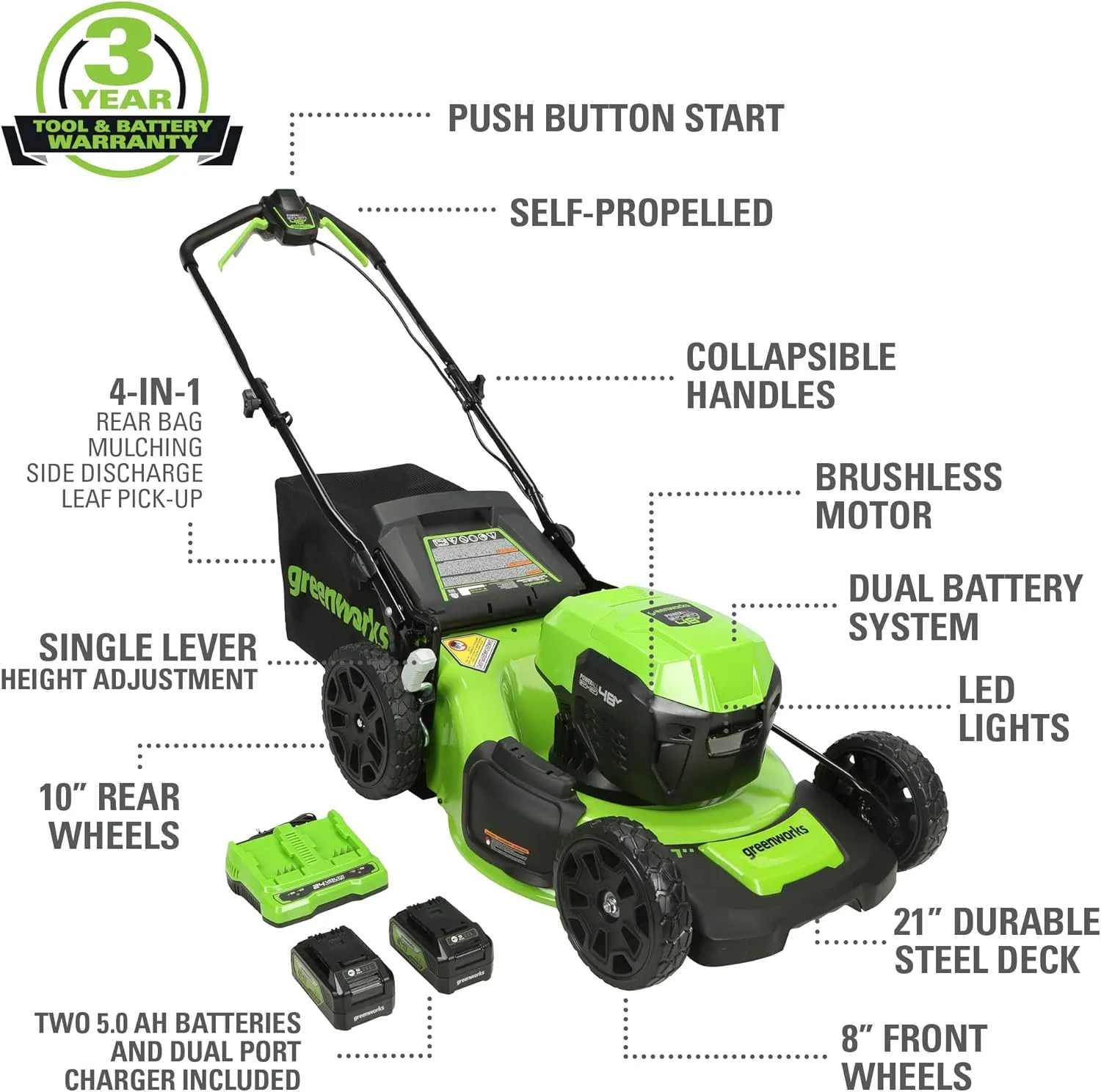 Greenworks 48V (2x24V) High - Performance Cordless Yard Tool Combo: 21" Self - Propelled Lawn Mower, 12" Trimmer & Blower, with 3 Batteries & 2 Chargers