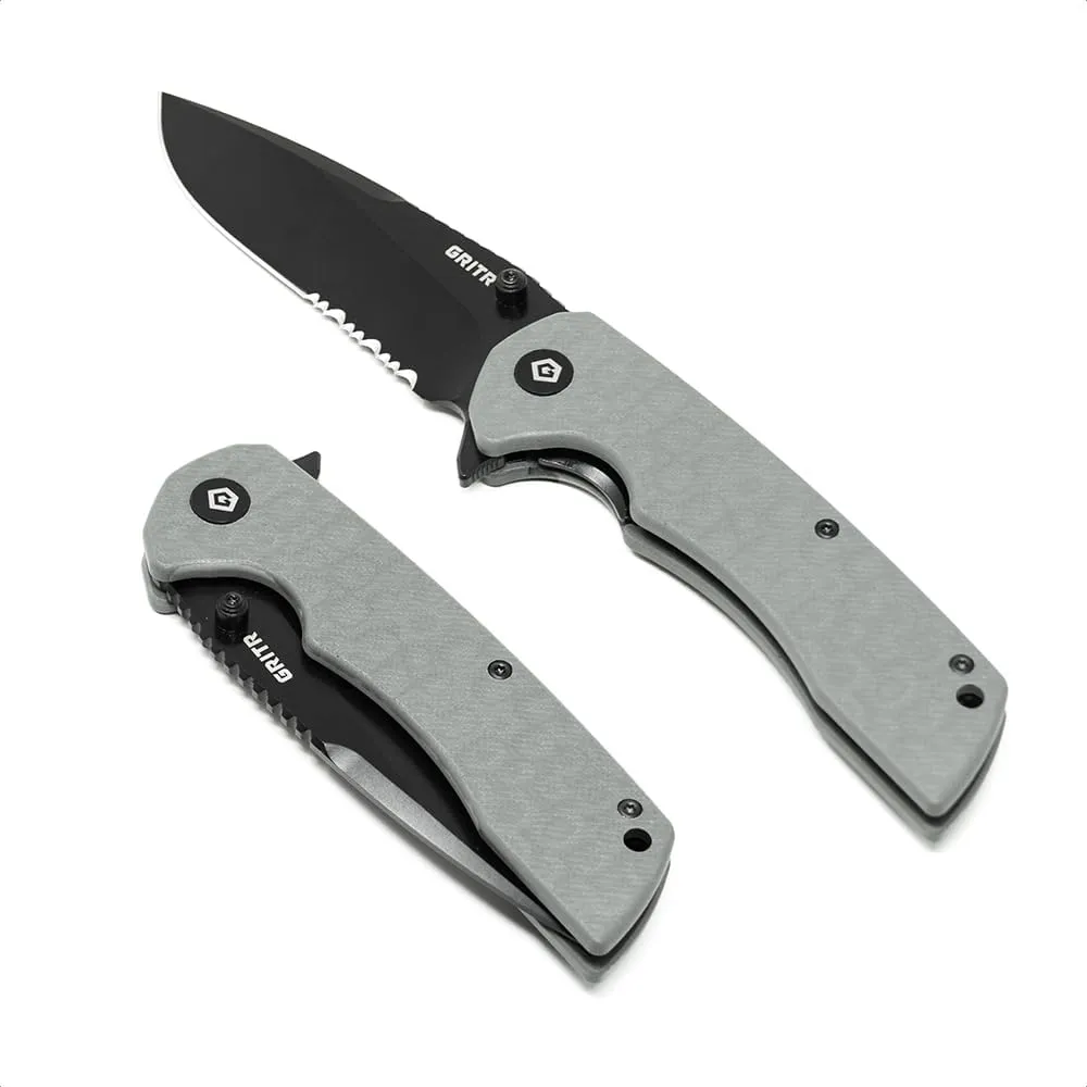 GRITR Stealth Folding Pocket Knife w/ 3.5" Partially Serrated D2 Steel Blade & Stonewashed Finish - Flipper Knife for Military, Hunting, Camping, Hiking - EDC Utility Pocket Knife for Women & Men