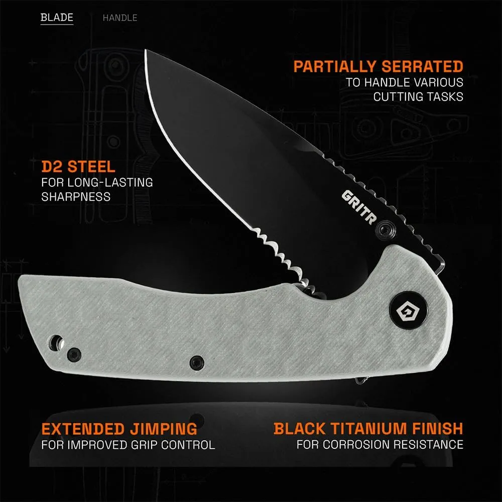 GRITR Stealth Folding Pocket Knife w/ 3.5" Partially Serrated D2 Steel Blade & Stonewashed Finish - Flipper Knife for Military, Hunting, Camping, Hiking - EDC Utility Pocket Knife for Women & Men
