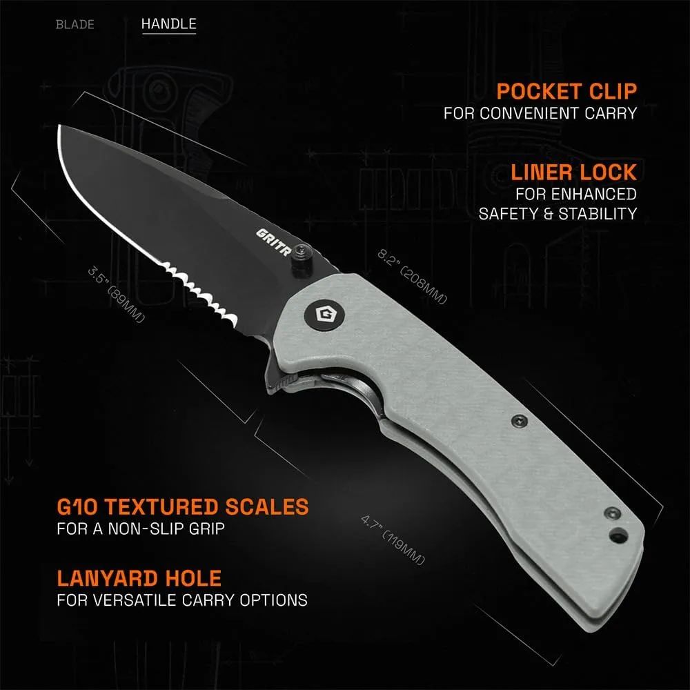 GRITR Stealth Folding Pocket Knife w/ 3.5" Partially Serrated D2 Steel Blade & Stonewashed Finish - Flipper Knife for Military, Hunting, Camping, Hiking - EDC Utility Pocket Knife for Women & Men