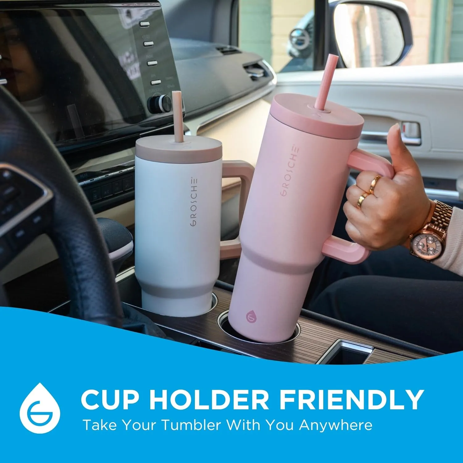 GROSCHE ASPEN 40 oz tumbler with handle and straw. Extreme insulation, classy design, built to last insulated stainless steel tumbler with handle, lid and straw - ROSE PINK