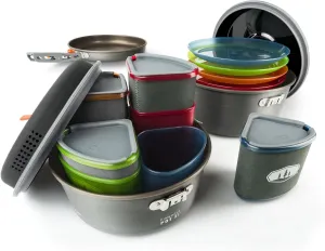 GSI Outdoors Pinnacle Ceramic Camper Cookware Set, 4-Person Camping Cookware with Non-Stick Pots, Frypan, Bowls, Plates & Nesting Design