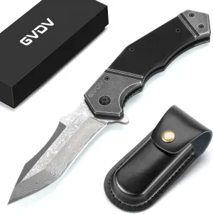 GVDV Damascus Steel Pocket Knife with G10 Handle, Handmade Folding Knife with Leather Sheath for Camping Survival, Knives for Men Dad Husband (Black)
