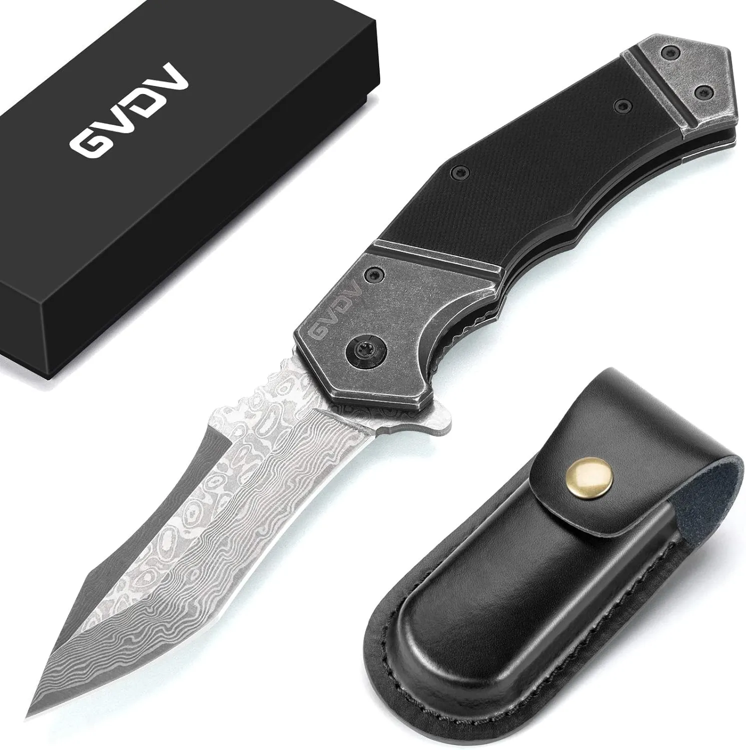 GVDV Damascus Steel Pocket Knife with G10 Handle, Handmade Folding Knife with Leather Sheath for Camping Survival, Knives for Men Dad Husband (Black)