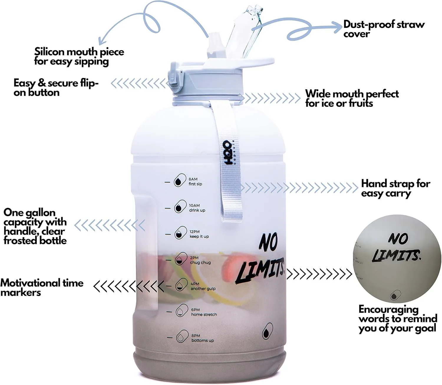 H2O Capsule INSPO Gallon Water Bottle with Time Marker and Straw Motivational Hydration Tracker Jug Big BPA-Free Food-Safe Leakproof Drinking Bottle with Handle & Strap, Rocky Shore