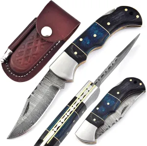 HA Handmade Damascus Pocket Knife for Men - 6.5 Inches Damascus Folding Knife with Sheath - Pocket Knives and Folding Knives with Back Lock - Best for EDC, Camping, Fishing,Hiking and Gift (Black&Blue)