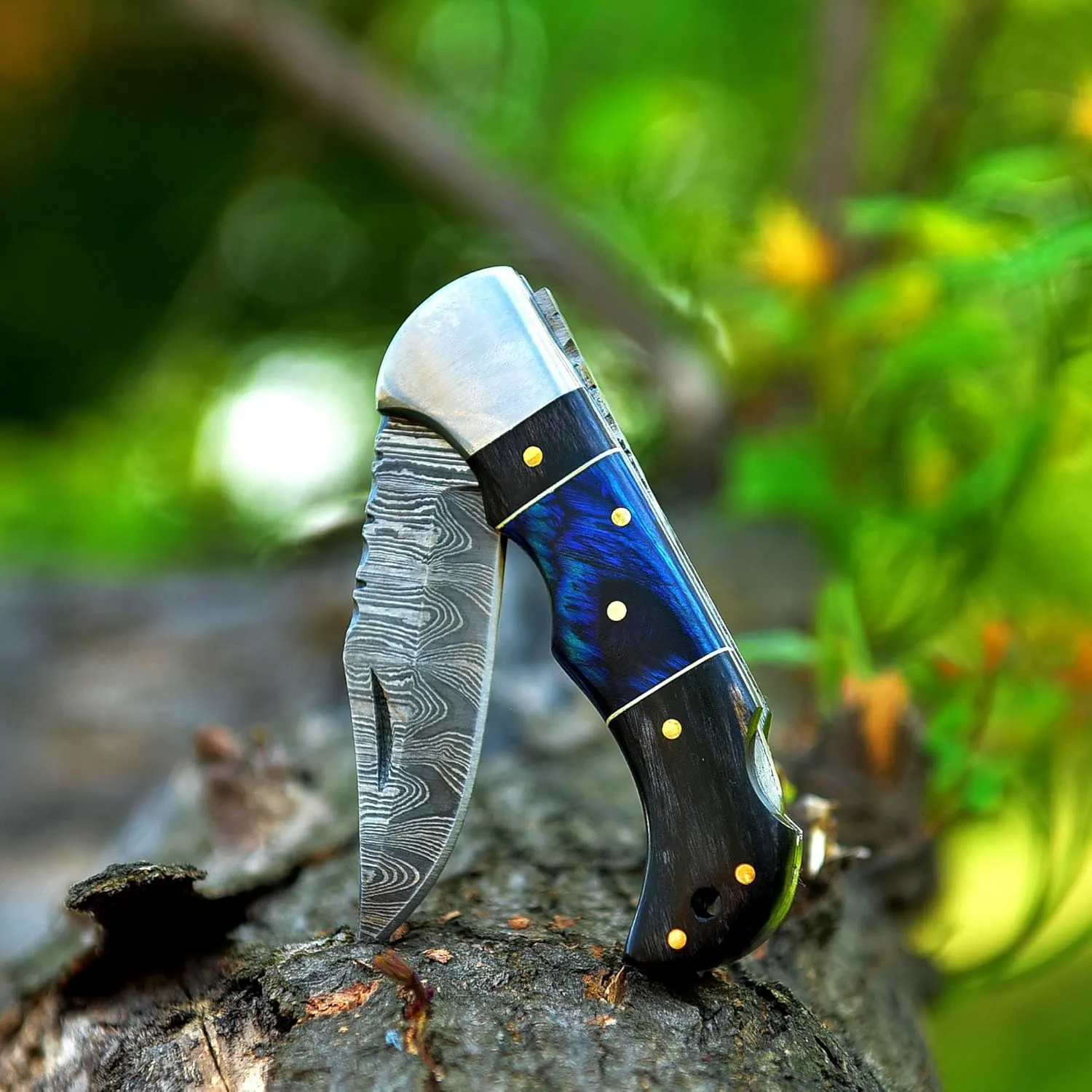 HA Handmade Damascus Pocket Knife for Men - 6.5 Inches Damascus Folding Knife with Sheath - Pocket Knives and Folding Knives with Back Lock - Best for EDC, Camping, Fishing,Hiking and Gift (Black&Blue)