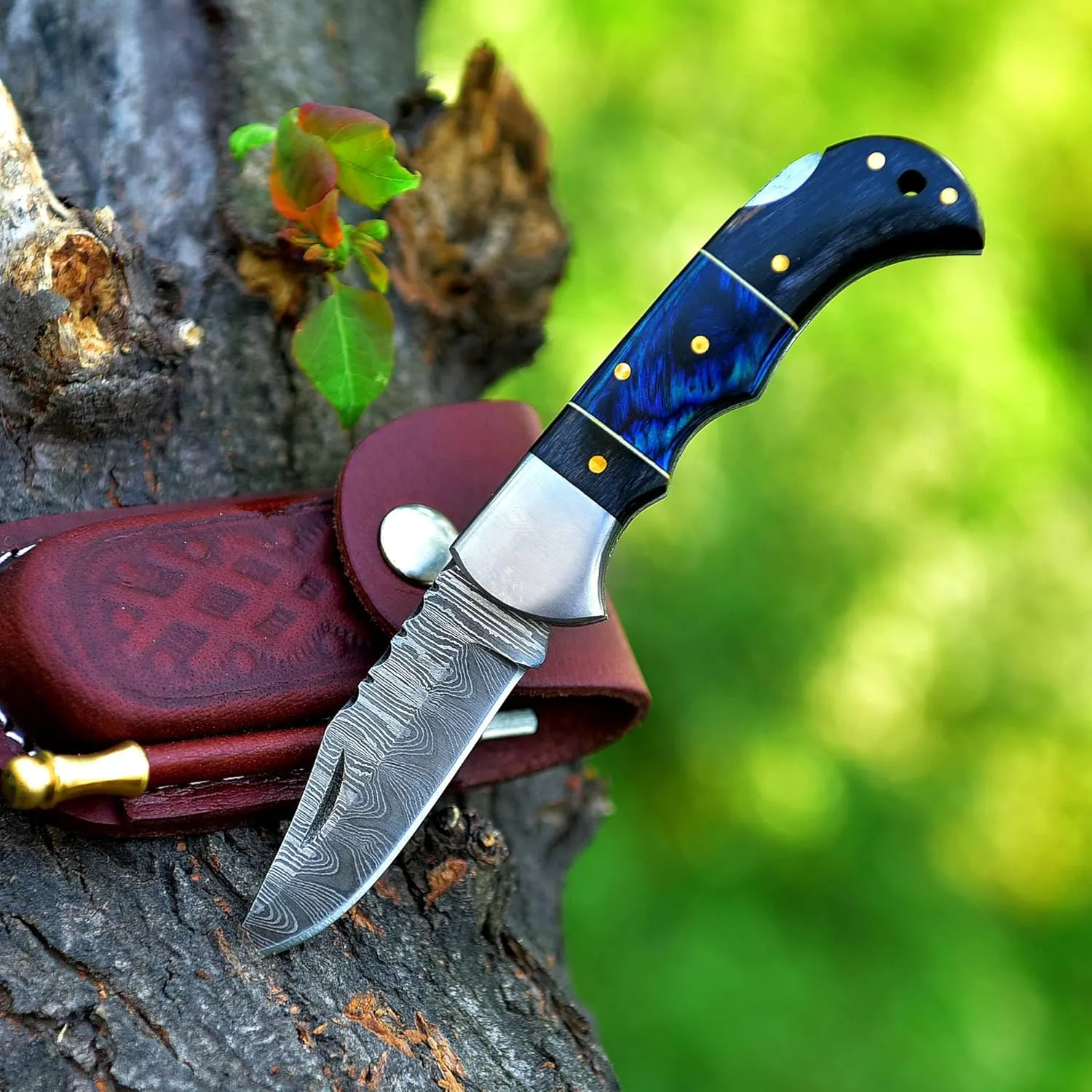 HA Handmade Damascus Pocket Knife for Men - 6.5 Inches Damascus Folding Knife with Sheath - Pocket Knives and Folding Knives with Back Lock - Best for EDC, Camping, Fishing,Hiking and Gift (Black&Blue)