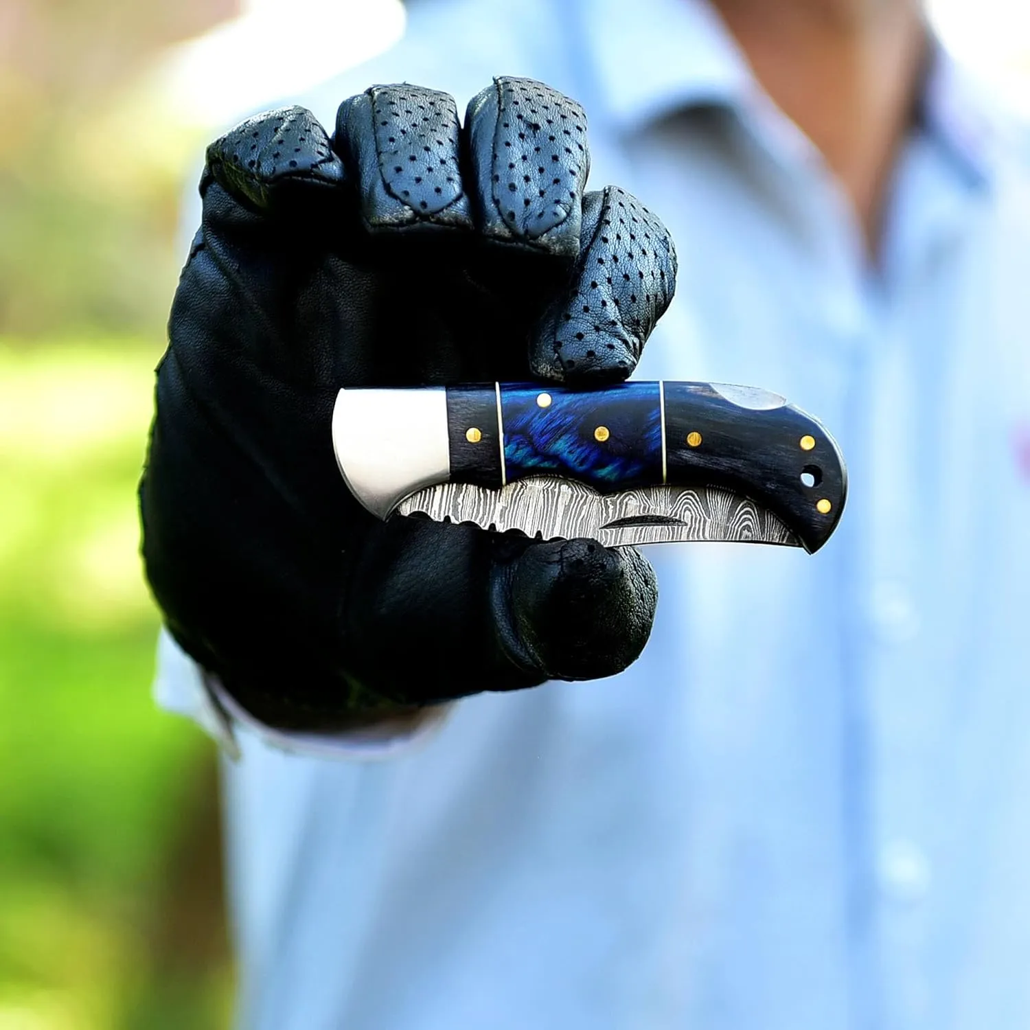 HA Handmade Damascus Pocket Knife for Men - 6.5 Inches Damascus Folding Knife with Sheath - Pocket Knives and Folding Knives with Back Lock - Best for EDC, Camping, Fishing,Hiking and Gift (Black&Blue)