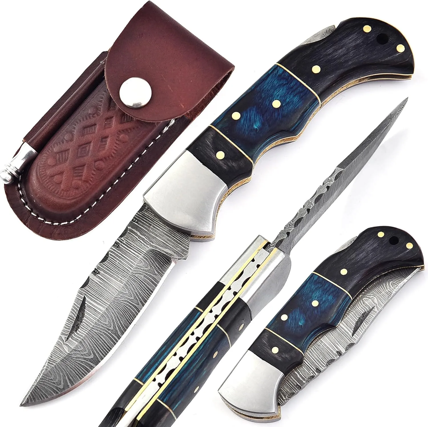HA Handmade Damascus Pocket Knife for Men - 6.5 Inches Damascus Folding Knife with Sheath - Pocket Knives and Folding Knives with Back Lock - Best for EDC, Camping, Fishing,Hiking and Gift (Black&Blue)