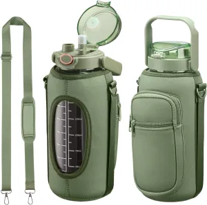 Half Gallon 64oz Glass Water Bottle with Straw and Storage Sleeve Motivational Water Bottle with Strap and Time to Drink 2L Leakproof Reusable Water Jug for Fitness Gym and Outdoors