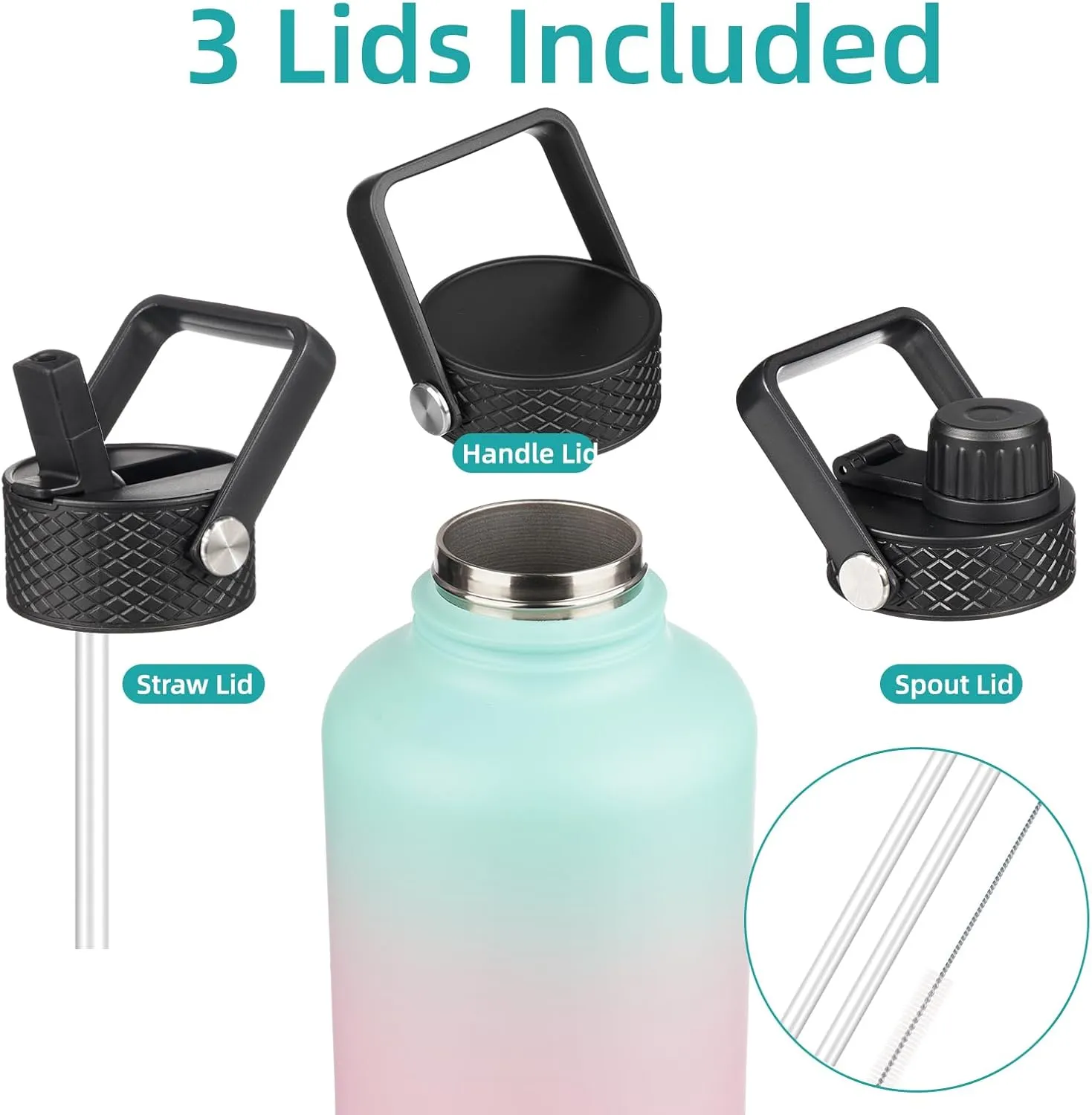 Half Gallon Insulated Water Bottle with Straw,64 oz 3 Lids Water Jug with Carrying Bag,Paracord Handle,Double Wall Vacuum Stainless Steel Metal Flask,Gum