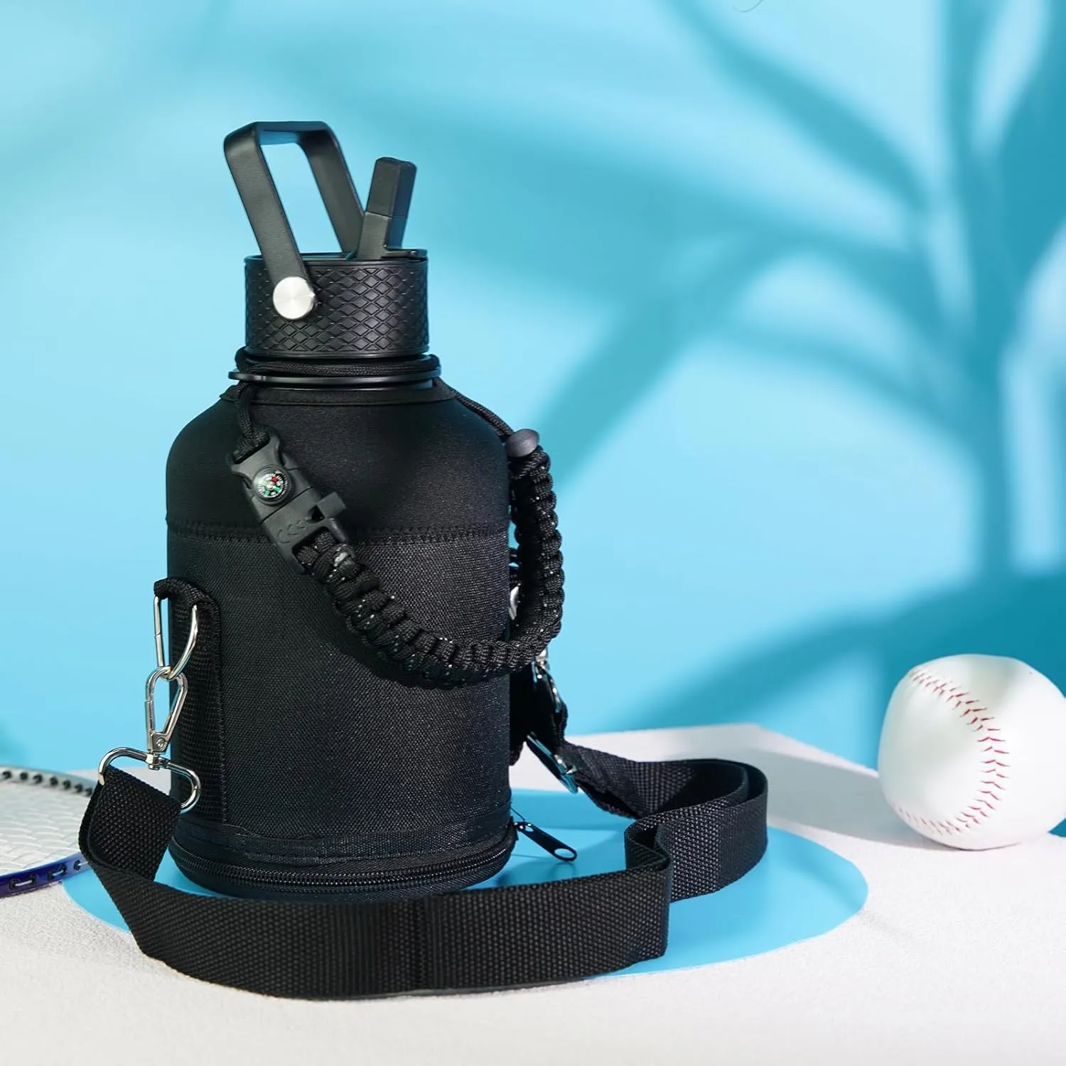Half Gallon Insulated Water Bottle with Straw,64 oz 3 Lids Water Jug with Carrying Bag,Paracord Handle,Double Wall Vacuum Stainless Steel Metal Flask,Gum