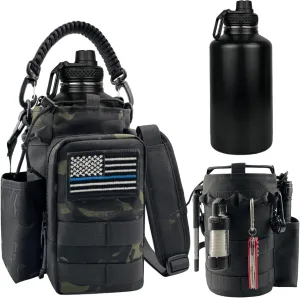 Half Gallon Water Bottle Insulated with Sleeve-64 oz Stainless Steel Water Jug with MOLLE Pouch for Gym Workout Hiking Camo Black