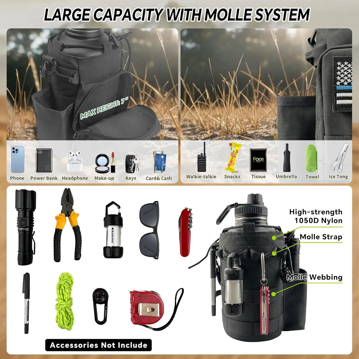 Half Gallon Water Bottle Insulated with Sleeve-64 oz Stainless Steel Water Jug with MOLLE Pouch for Gym Workout Hiking Camo Black