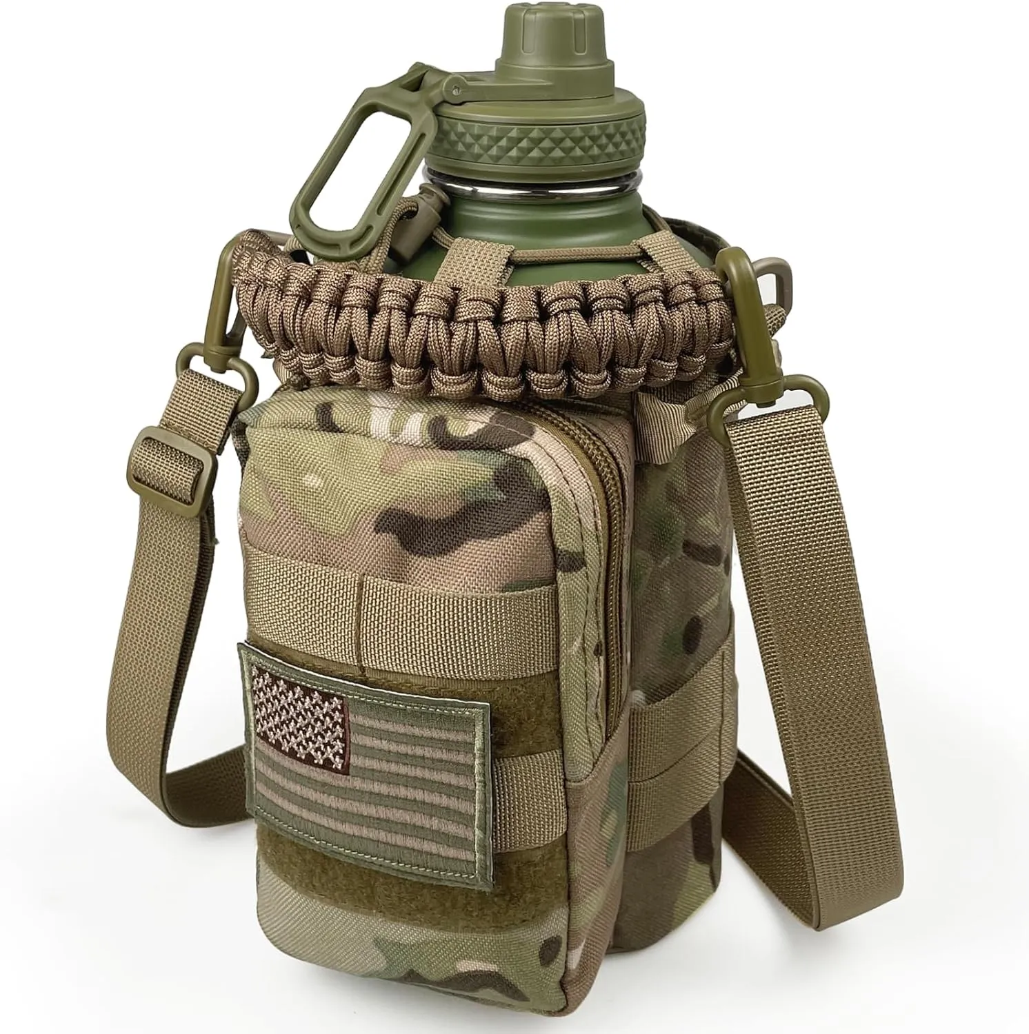 Half Gallon Water Bottle with Sleeve - 64 Oz Insulated Water Jug with Handle - Green Stainless Steel Sports Water Bottle for Gym Workout Hiking Tactical Bottle Holder with Pouch Camo