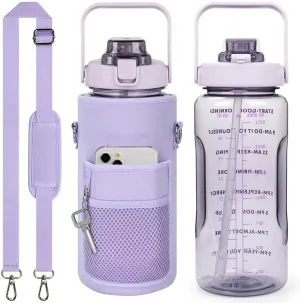 Half Gallon Water Bottle with Sleeve, Motivational Water Bottles with Time Marker/Straw, BPA Free Leakproof Large Sports Water Jug for Women Girls (Pure Purple)