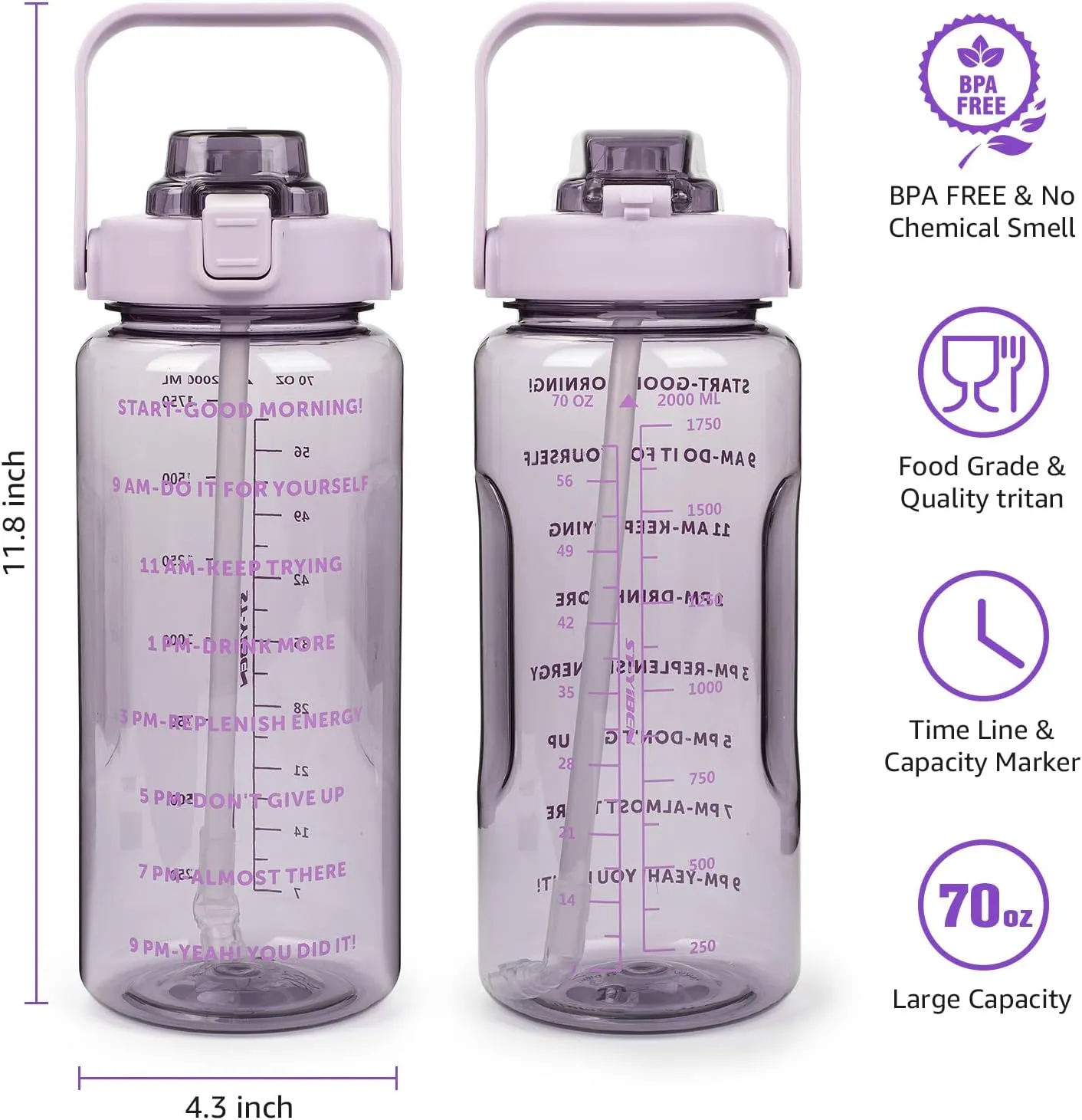 Half Gallon Water Bottle with Sleeve, Motivational Water Bottles with Time Marker/Straw, BPA Free Leakproof Large Sports Water Jug for Women Girls (Pure Purple)