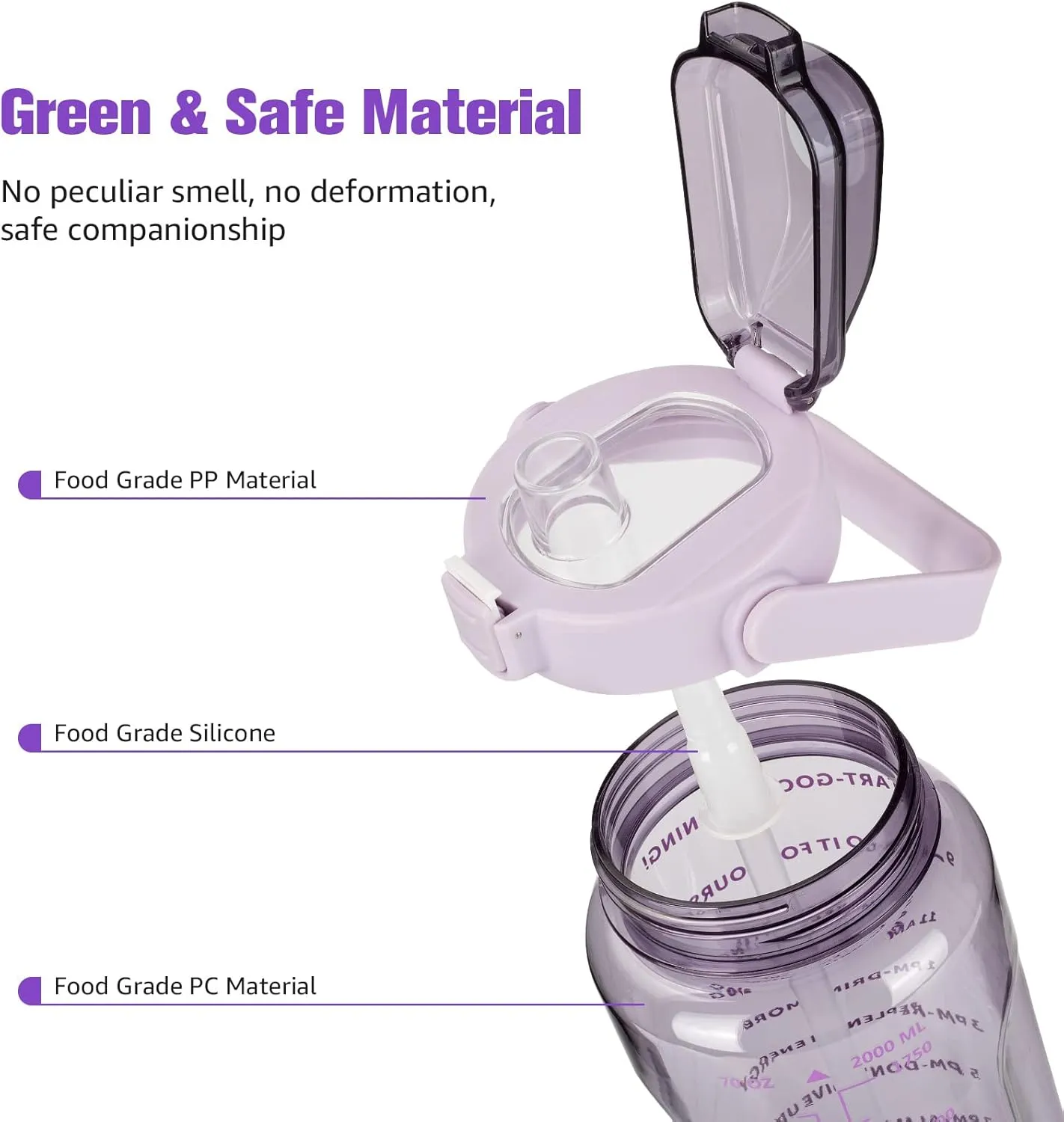 Half Gallon Water Bottle with Sleeve, Motivational Water Bottles with Time Marker/Straw, BPA Free Leakproof Large Sports Water Jug for Women Girls (Pure Purple)