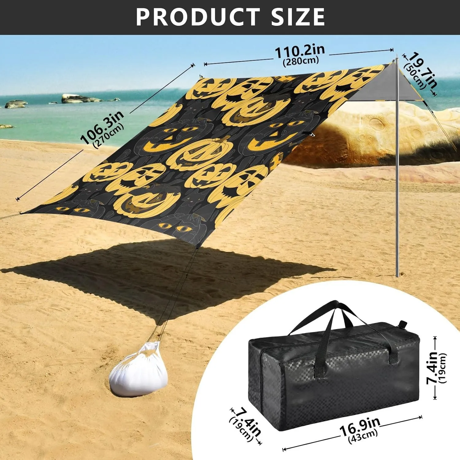 Halloween Pumpkins Yellow Black Beach Canopy Tent Sun Shade Outdoor Patio Shades Camping Sun Shelter Yard 9.2 × 10.5 FT Shelters with Sandbags Anchor