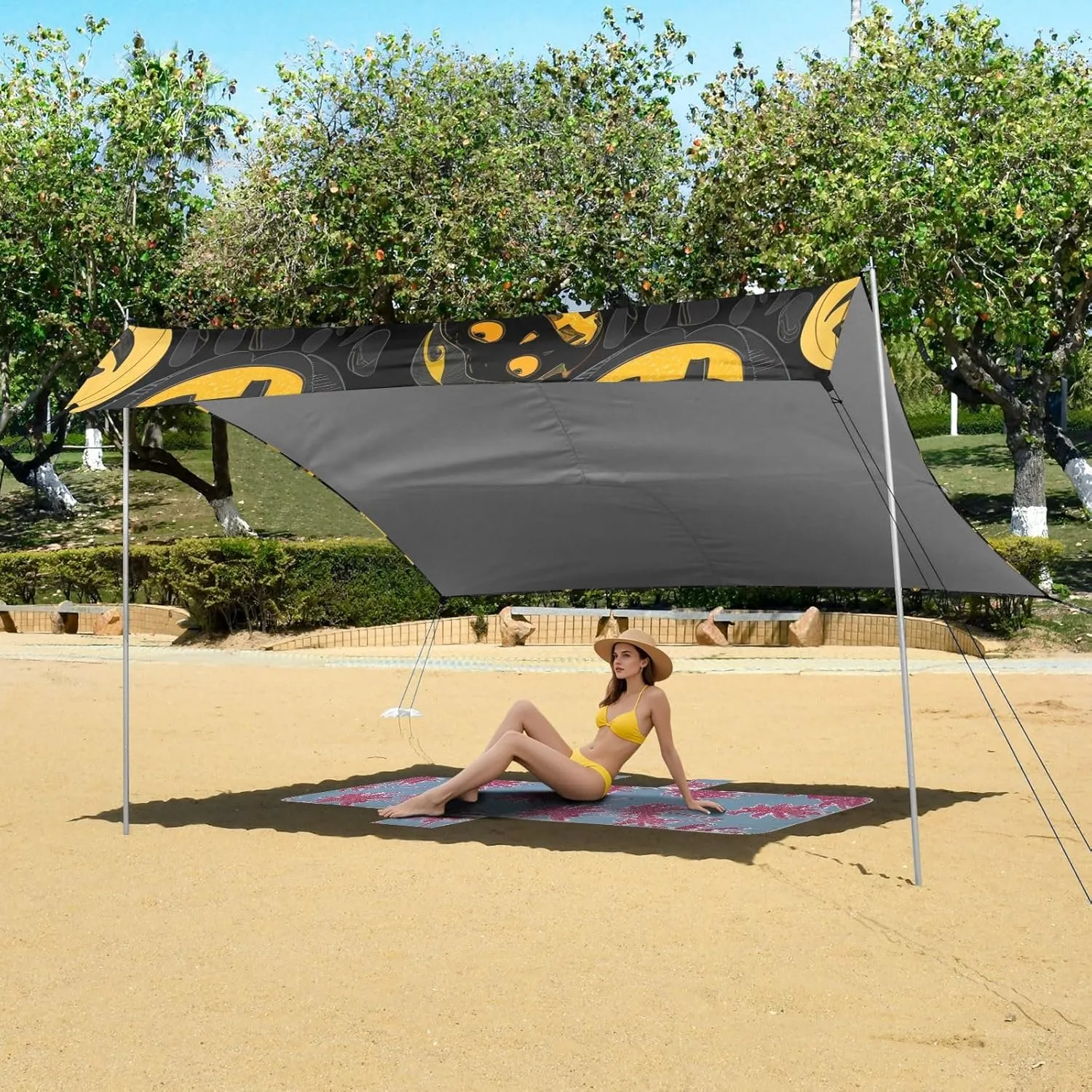 Halloween Pumpkins Yellow Black Beach Canopy Tent Sun Shade Outdoor Patio Shades Camping Sun Shelter Yard 9.2 × 10.5 FT Shelters with Sandbags Anchor