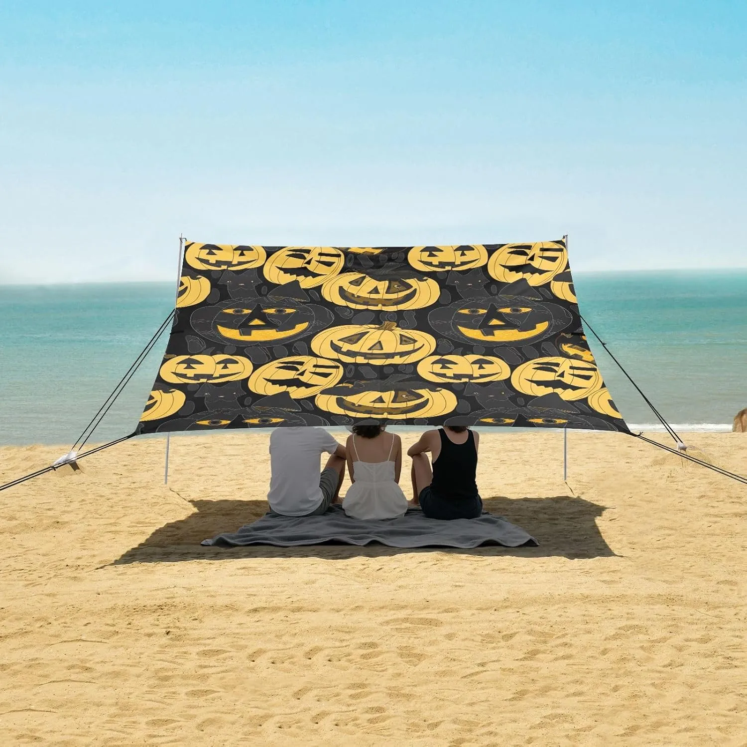 Halloween Pumpkins Yellow Black Beach Canopy Tent Sun Shade Outdoor Patio Shades Camping Sun Shelter Yard 9.2 × 10.5 FT Shelters with Sandbags Anchor