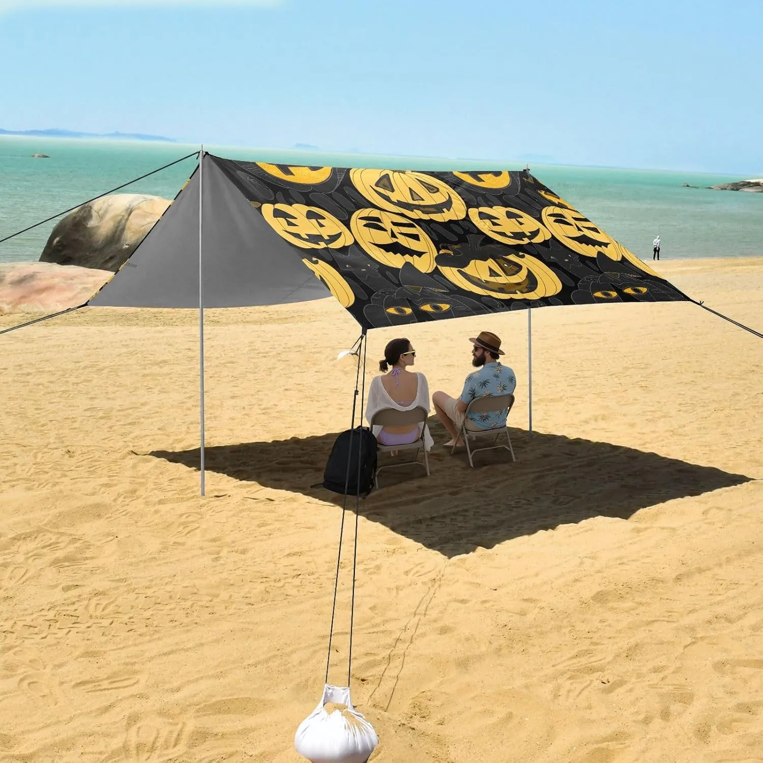 Halloween Pumpkins Yellow Black Beach Canopy Tent Sun Shade Outdoor Patio Shades Camping Sun Shelter Yard 9.2 × 10.5 FT Shelters with Sandbags Anchor