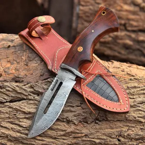 Handmade Damascus Hunting Knife with Leather Sheath - Ideal for Skinning, Camping, Outdoor - EDC Fixed Blade Bushcraft Knife with Walnut Wood Handle- Horizontal Carry Knives For Men-4002