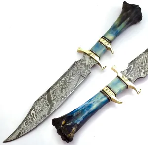 Handmade Damascus Steel Hunting Knife with Camel Bone Handle, Full Tang, Fixed Blade, Damascus Bowie Knife long handled, Sheath Included, Use For Skinning Hunting And Camping
