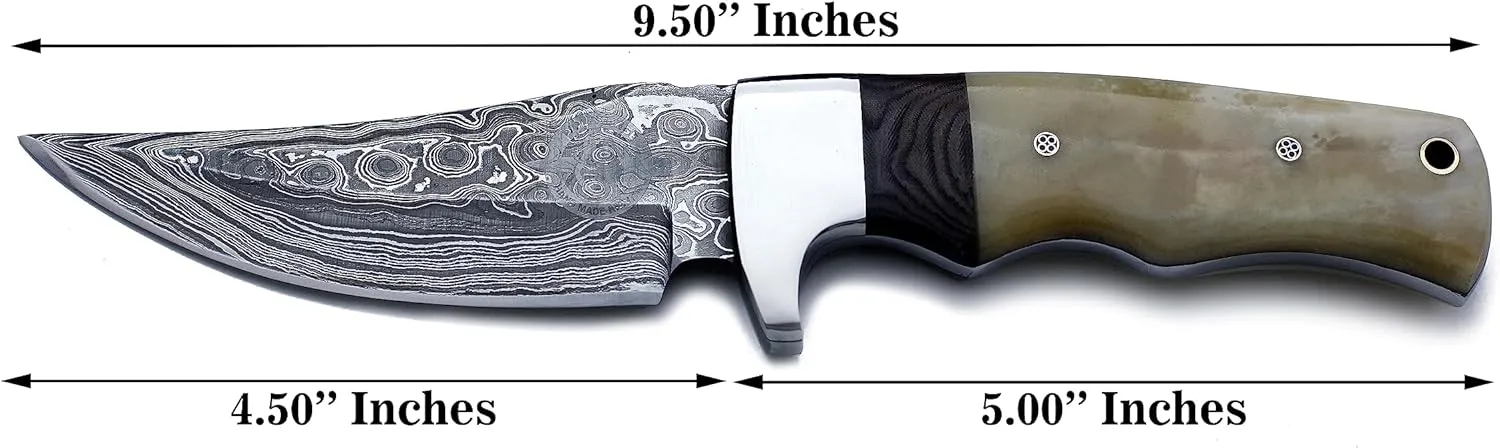 Handmade Damascus Steel Outdoor Fixed Blade Knife for EDC,Hunting,Survival,Camping, Hiking and Fishing with Drop Point Full Tang Bone Handle with Cowhide-Leather Sheath - WKD-783 (Ivory Sentinel)