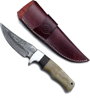 Handmade Damascus Steel Outdoor Fixed Blade Knife for EDC,Hunting,Survival,Camping, Hiking and Fishing with Drop Point Full Tang Bone Handle with Cowhide-Leather Sheath - WKD-783 (Ivory Sentinel)