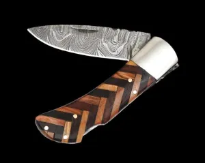 Handmade Folding Pocket Knives, EDC Damascus Steel Blade Hunting Knife for Hunting, Campping, Outdoor Activities, Wood Handle