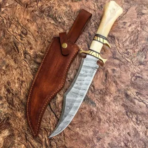 Handmade Forged Damascus Steel Bowie Hunting Knife – 15” Survival EDC Knife with Camel Bone Handle, Leather Sheath, Best Gift