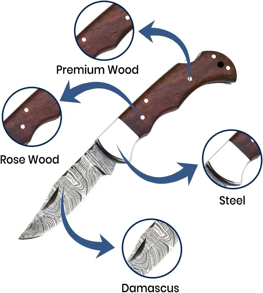 Handmade Pocket Knife 6.5" Damascus Steel Pocket Knife with Wood Handle Folding Knives Small Pocket Knife for Outdoor, Hunting, Fishing, Camping, Hiking, Authentic Damascus Steel, Leather Sheath (Rosewood)
