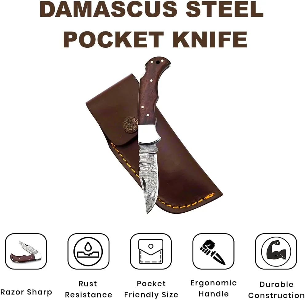 Handmade Pocket Knife 6.5" Damascus Steel Pocket Knife with Wood Handle Folding Knives Small Pocket Knife for Outdoor, Hunting, Fishing, Camping, Hiking, Authentic Damascus Steel, Leather Sheath (Rosewood)