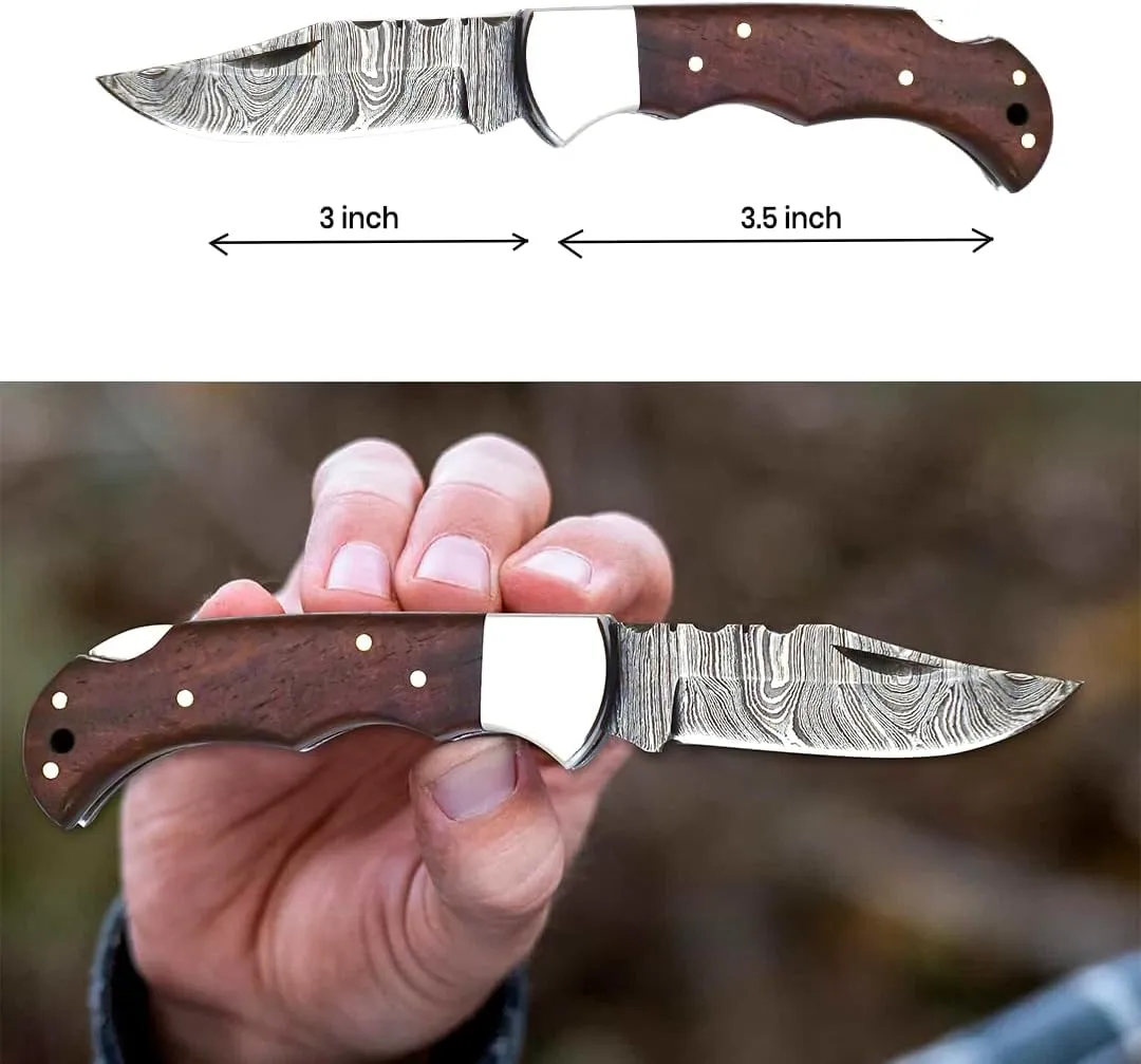 Handmade Pocket Knife 6.5" Damascus Steel Pocket Knife with Wood Handle Folding Knives Small Pocket Knife for Outdoor, Hunting, Fishing, Camping, Hiking, Authentic Damascus Steel, Leather Sheath (Rosewood)