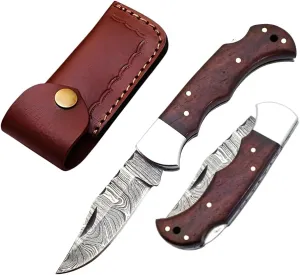 Handmade Pocket Knife 6.5" Damascus Steel Pocket Knife with Wood Handle Folding Knives Small Pocket Knife for Outdoor, Hunting, Fishing, Camping, Hiking, Authentic Damascus Steel, Leather Sheath (Rosewood)