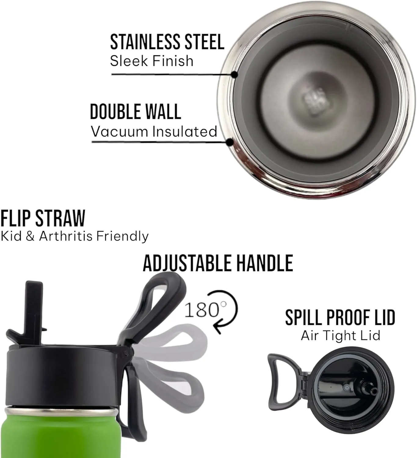Handy Essence 12oz, 18oz, or 22oz Insulated Water Bottle With Straw Lid & Adjustable Handle (Light Green, 22oz)