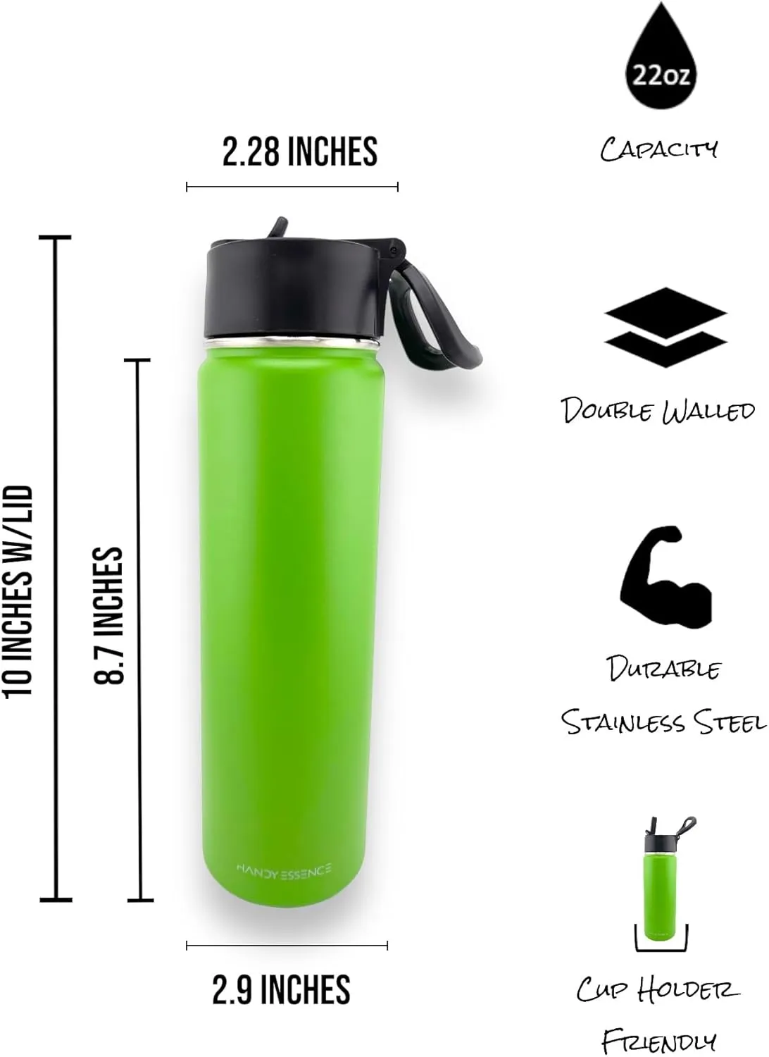 Handy Essence 12oz, 18oz, or 22oz Insulated Water Bottle With Straw Lid & Adjustable Handle (Light Green, 22oz)