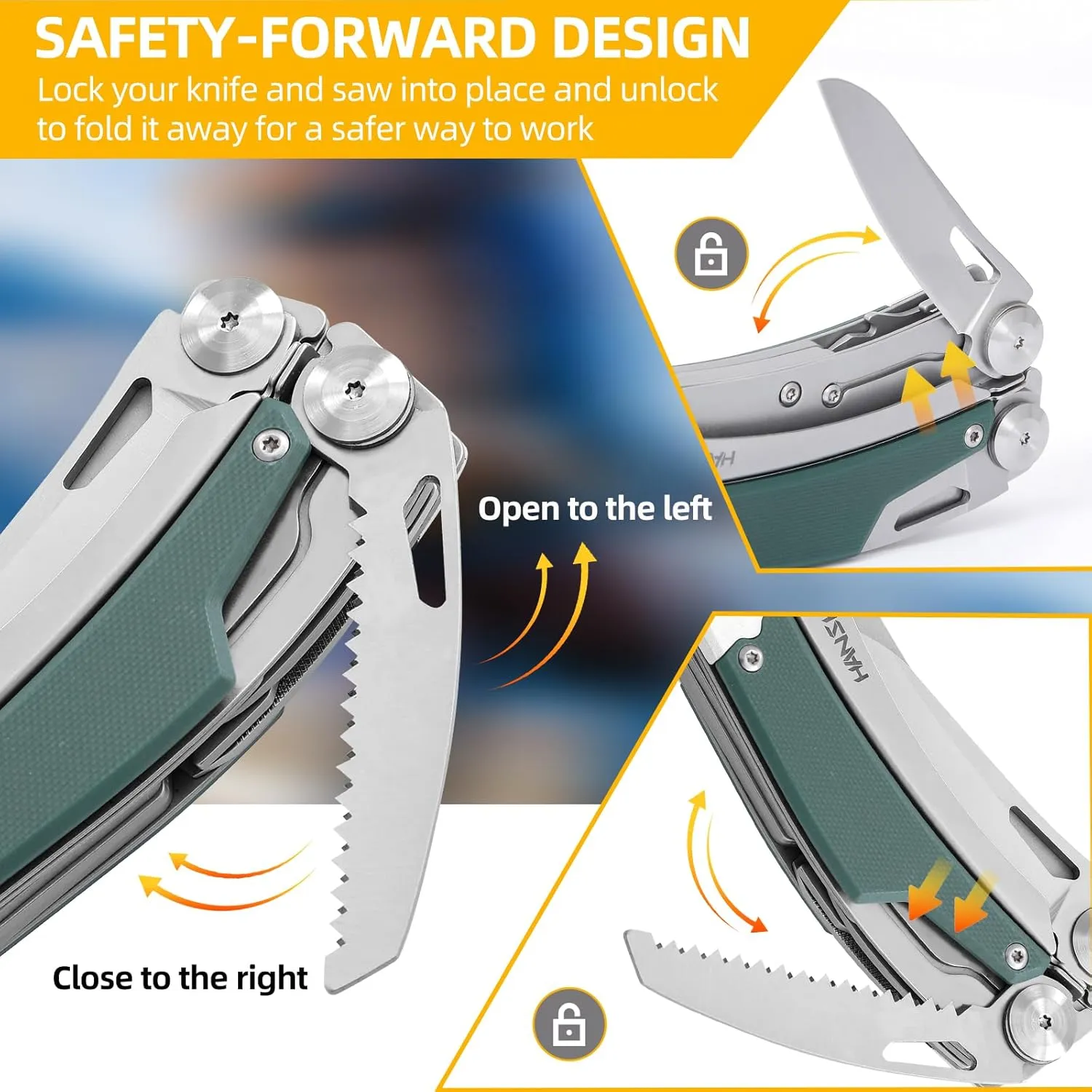 HANSHI G10 Handle Multitool Pliers with YG10 Tungsten Steel Replaceable Wire Cutters 12 in 1 Multi Tool Pocket Knife with Safety Lock,Saw,Bottel Opener for Camping,Survival with Nylon Sheath (green)