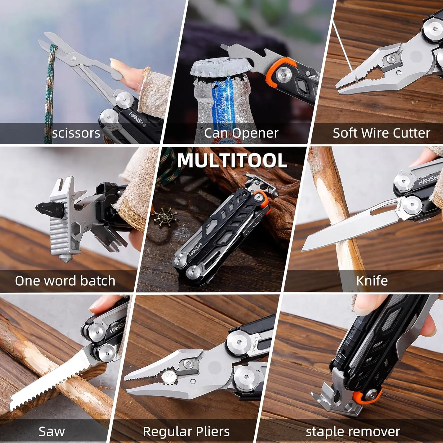 HANSHI Multitool Pliers, 22-in-1 YG10 Tungsten Steel Multi Tool with Scissors,Replaceable Wire Cutters, Flint, Window Breaker, Back Clip,Ideal for Camping, Survival and Gift(Black)