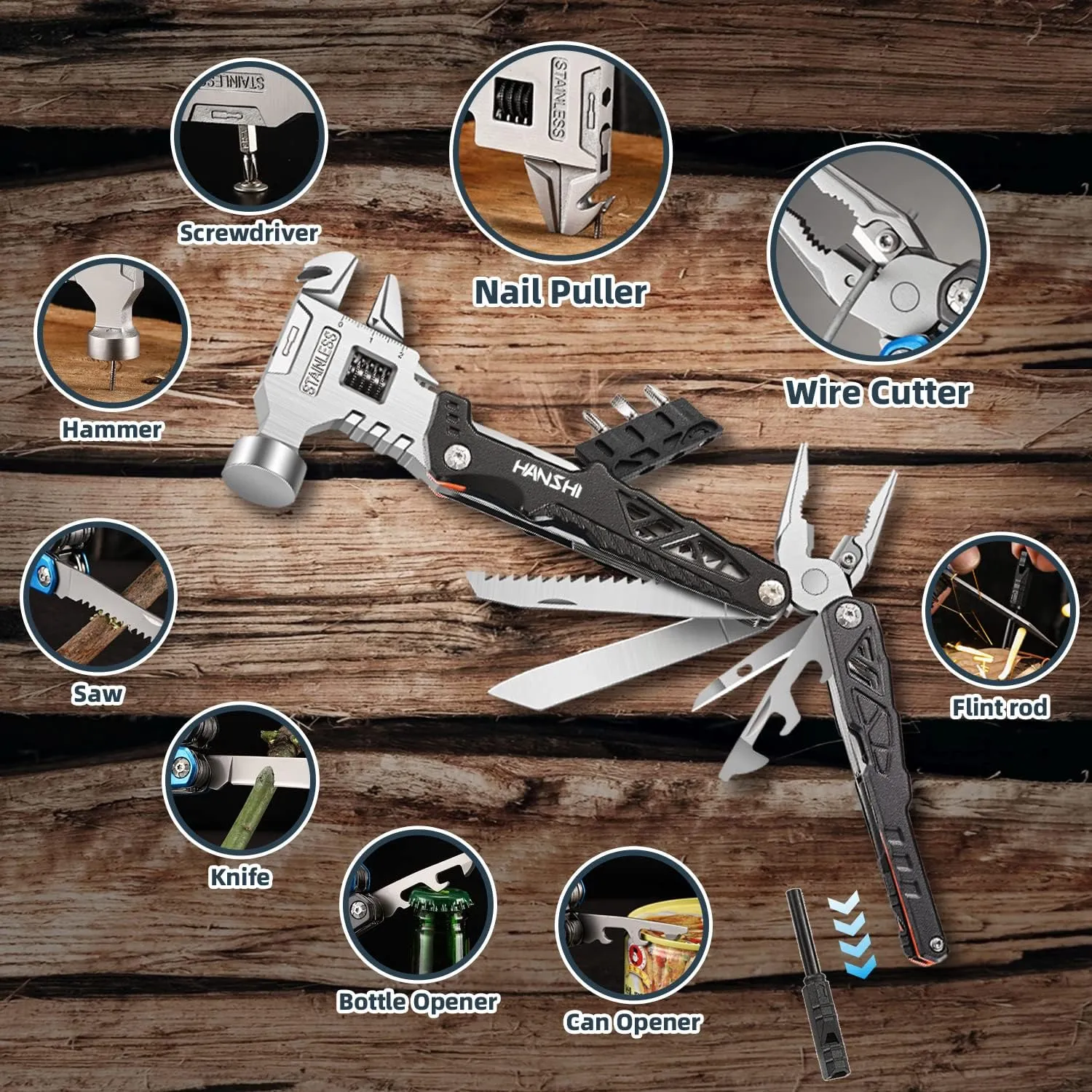 HANSHI Upgraded Adjustable Wrench Multitool Hammer with YG10 Tungsten Steel Replaceable Wire Cutters for Men,18 in 1 Pocket Multi Tool Knife with Spring-Action Pliers for Camping,Survival (Black)